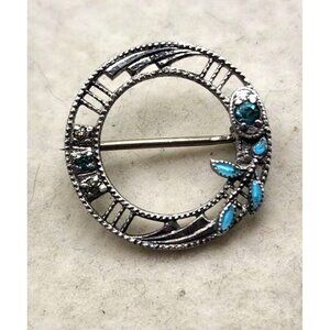 Small Circle Brooch, Sterling Silver With Blue Leaf Accent